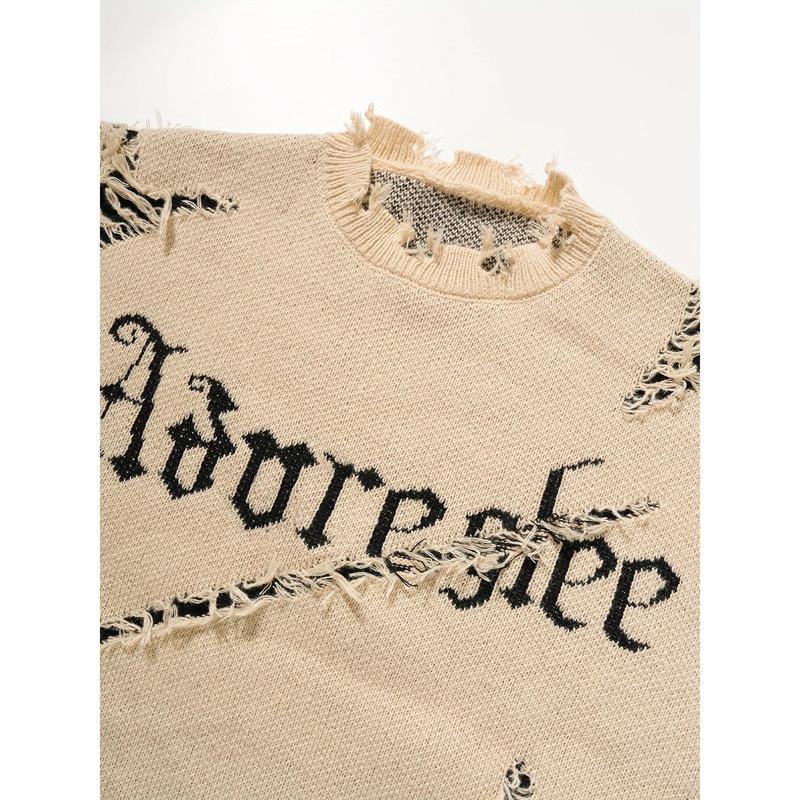 A Men's Leisure Ripped Sweater with Embroidered Letter Pattern, round Neck, Long Sleeves, Knitted Fabric, Medium Elasticity, Polyester Lining, Autumn and Winter Series