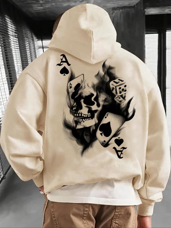 Men's Skull & Playing Card Print Drop Shoulder Drawstring Thermal Lined Hoodie, Fashion Casual Pocket Long Sleeve Hooded Sweatshirt for Daily Holiday Outdoor Wear, Men's Clothing for Fall & Winter