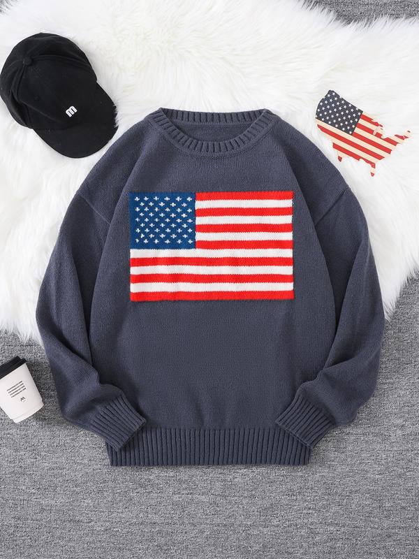 Men's Regular Fit American Flag Graphic Drop Shoulder Sweater, Casual Long Sleeve Round Neck Jumper for Spring & Fall, Fashion Men's Streetwear Knitwear for Daily Wear