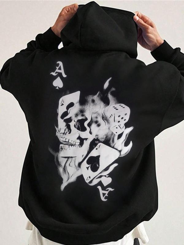 Men's Skull & Playing Card Print Drop Shoulder Drawstring Thermal Lined Hoodie, Fashion Casual Pocket Long Sleeve Hooded Sweatshirt for Daily Holiday Outdoor Wear, Men's Clothing for Fall & Winter