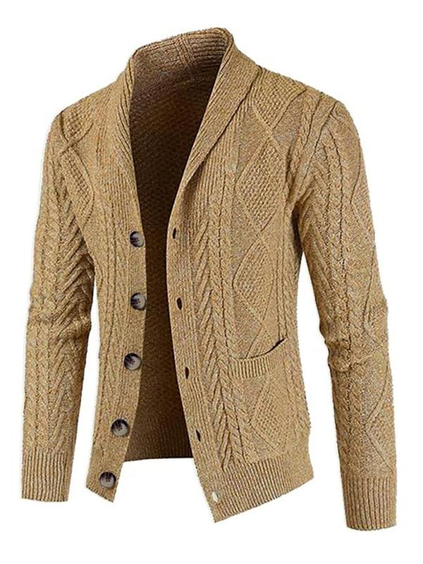 Men's Solid Textured Button Front Shawl Collar Cardigan, Regular Fit Casual Long Sleeve Pocket Knitwear for Fall & Winter, Men's Knit Clothing for Daily Wear