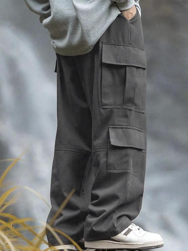 Men's Solid Pocket Cargo Pants, Loose Casual Street Fashion Drawstring Waist Trousers for Daily Wear, Men's Bottoms Work Pants Pro Clubs Sweatpants