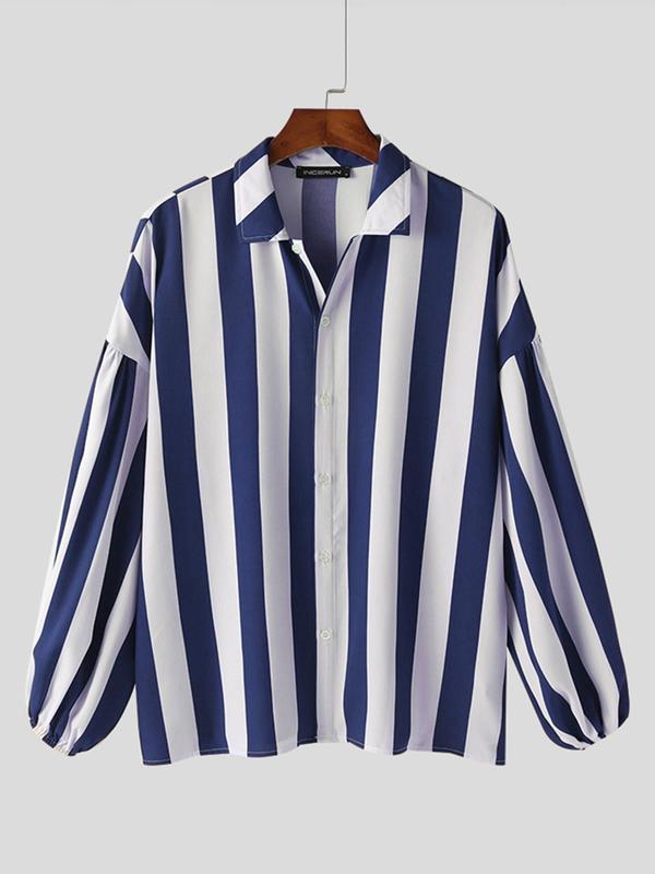 Men's Striped Print Button Front Shirt, Casual Loose Bishop Sleeve Collared Top for Summer, Fashion Men's Clothes for Daily Wear