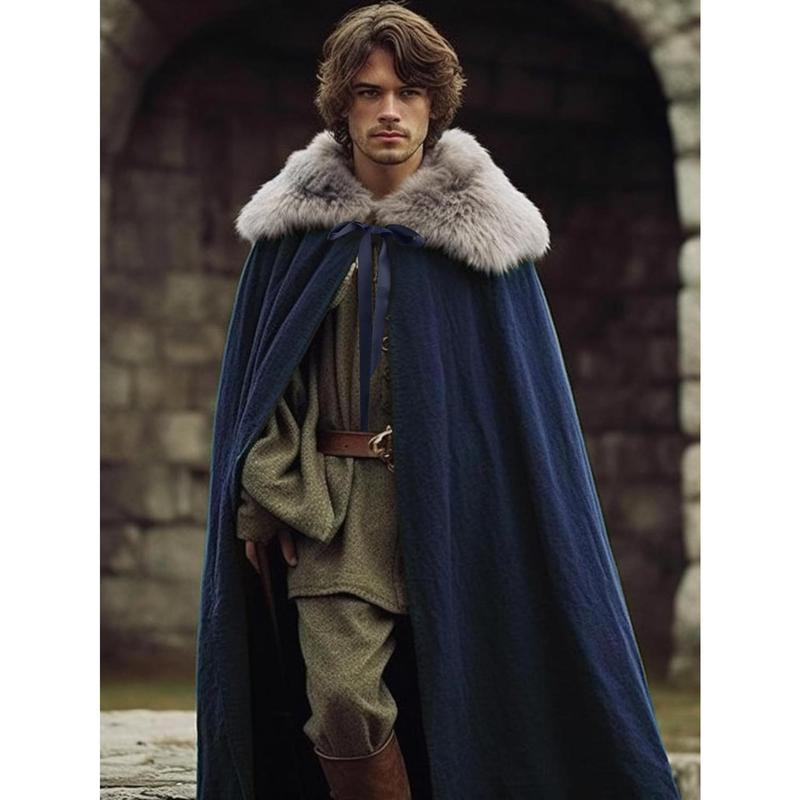 Medieval Hobbit Cloak Costume, Adjustable Length, with Artificial Fur Trim, Renaissance Craftsman Halloween Hooded Cloak, with Witch Pocket Cap,