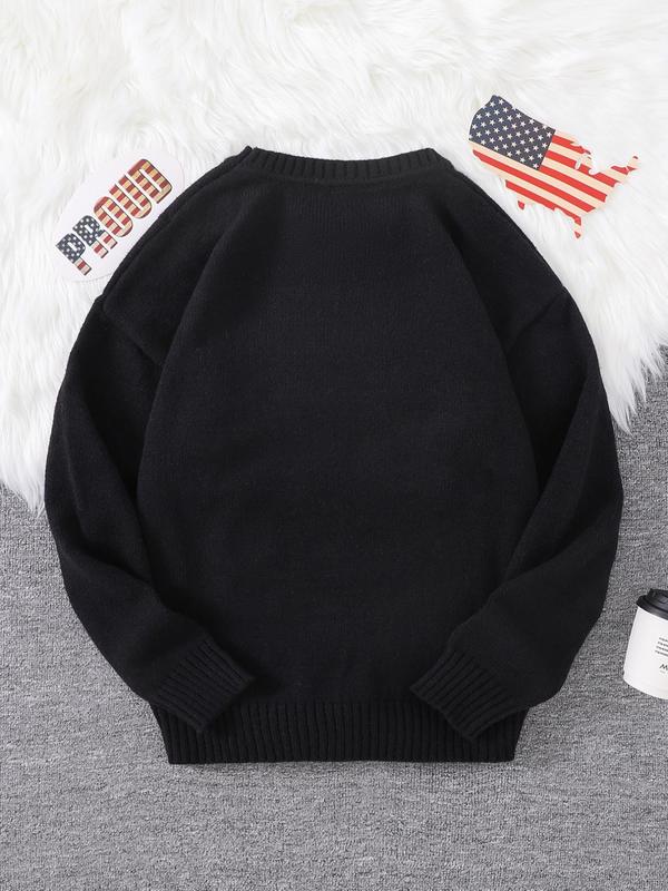 Men's Regular Fit American Flag Graphic Drop Shoulder Sweater, Casual Long Sleeve Round Neck Jumper for Spring & Fall, Fashion Men's Streetwear Knitwear for Daily Wear