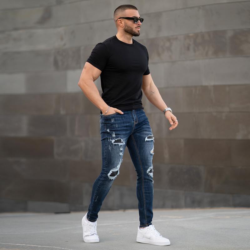 Men's Ripped Jeans Slim Fit Skinny Stretch Comfy Denim Jeans Pants Fashion Comfort Tapered Leg