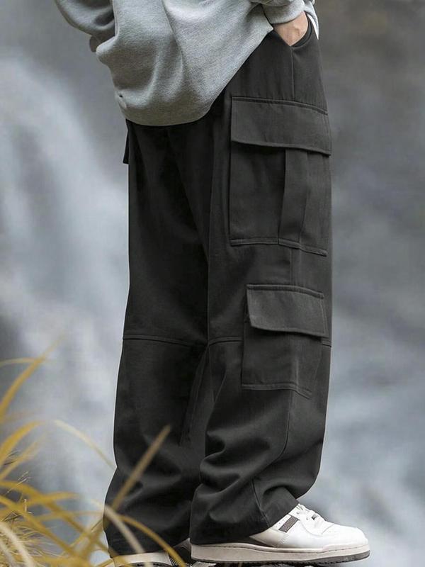 Men's Solid Pocket Cargo Pants, Loose Casual Street Fashion Drawstring Waist Trousers for Daily Wear, Men's Bottoms Work Pants Pro Clubs Sweatpants