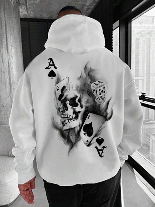 Men's Skull & Playing Card Print Drop Shoulder Drawstring Thermal Lined Hoodie, Fashion Casual Pocket Long Sleeve Hooded Sweatshirt for Daily Holiday Outdoor Wear, Men's Clothing for Fall & Winter