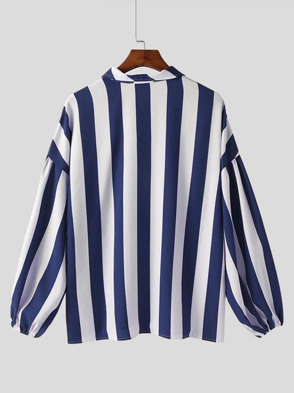 Men's Striped Print Button Front Shirt, Casual Loose Bishop Sleeve Collared Top for Summer, Fashion Men's Clothes for Daily Wear