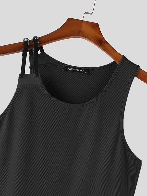 Men's Adjustable Buckle Round Neck Tank Top, Slim Street Sleeveless Vest Top, Streetwear Men's Clothing for Daily Wear