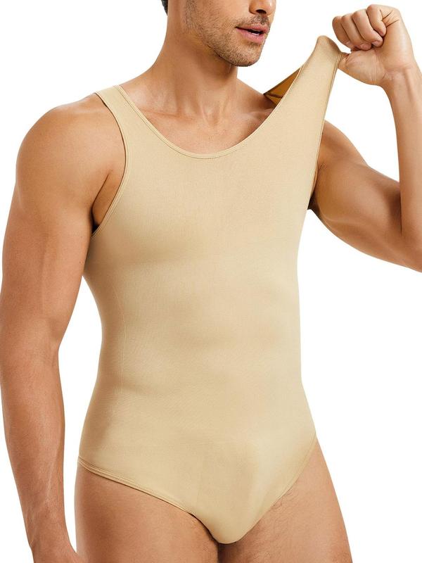 Men's Solid Tummy Control Shapewear Tank Top, Casual Comfy Breathable Sleeveless Compression Bodysuit For Daily Wear, Men's Shapewear Clothes For Spring Summer Fall