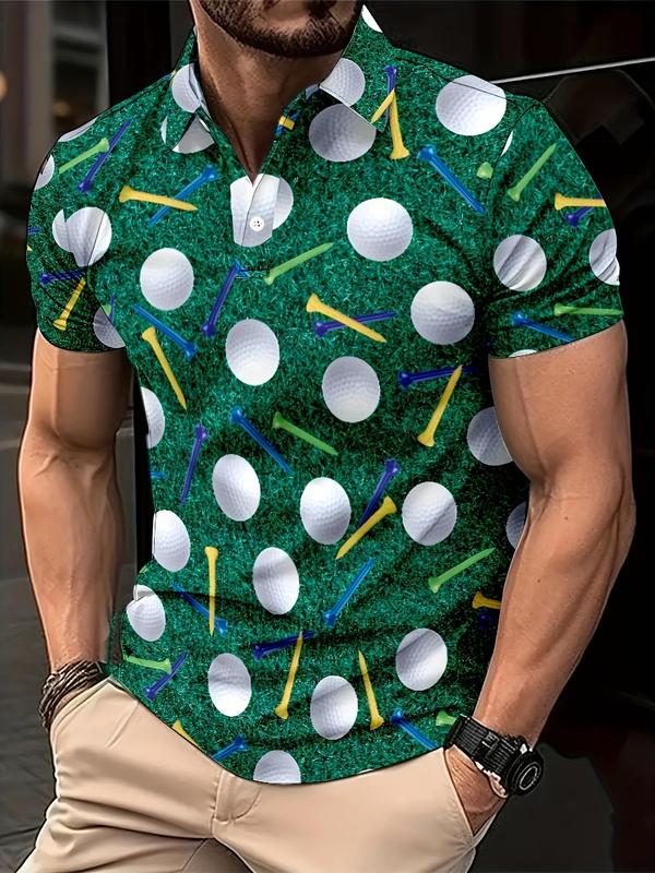 Men's All Over Golf Print Short Sleeve Polo Shirt, Regular Fit Casual Fashion Half Button Collared Top for Summer, Men's Clothes for Daily Wear