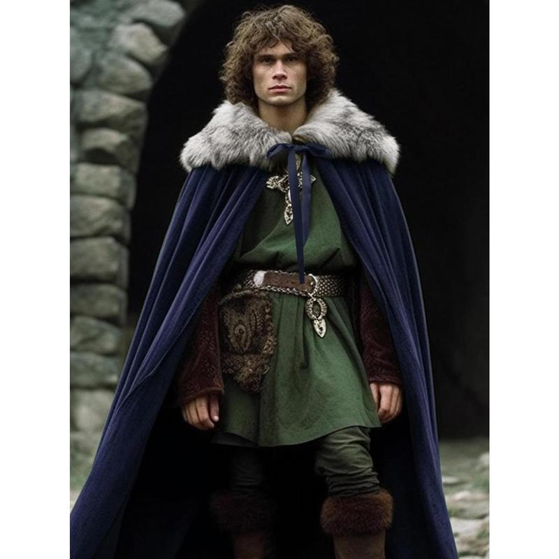 Medieval Hobbit Cloak Costume, Adjustable Length, with Artificial Fur Trim, Renaissance Craftsman Halloween Hooded Cloak, with Witch Pocket Cap,