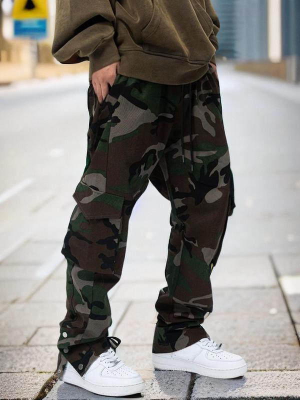 Men's Camo Print Drawstring Waist Split Hem Cargo Pants, Loose Street Fashion Flap Pocket Trousers, Mens Pants, Men's Summer Bottoms for Daily Wear