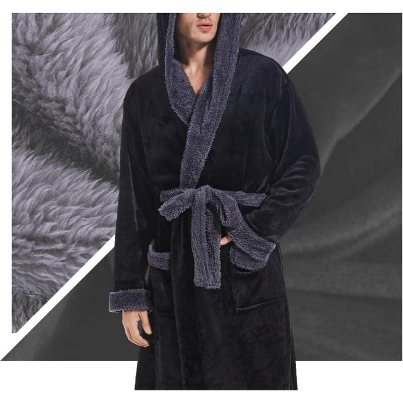 Mens Hooded Robe, Plush Long Bath robes Cozy Warm Bathrobe Fuzzy male Spa Robe With Pockets Menswear Gowns