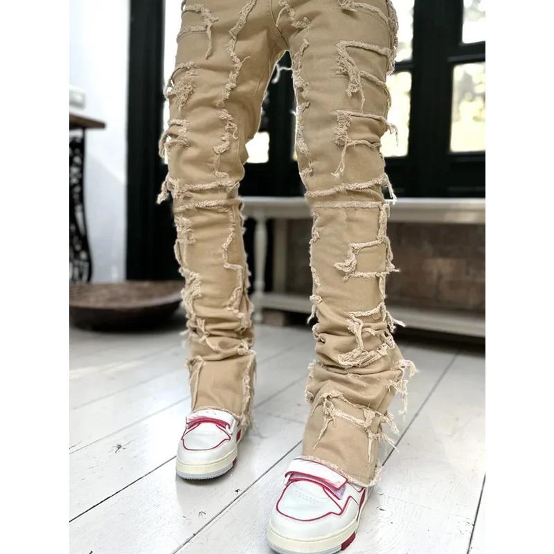 High Street White Men's Stacked Jeans Stretched Patchwork Tassel Damaged Denim Full Length Pants Hip-pop Trousers For Male