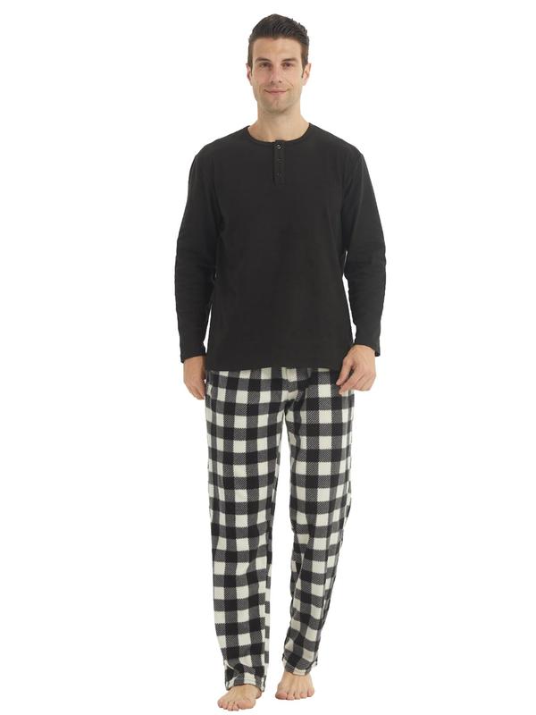 Two-Piece Set Men's Plain Button Front Top & Plaid Print Pants Pyjama Set, Regular Fit Casual Comfy Long Sleeve Top & Drawstring Pocket Trousers Pj Set, Men's Sleepwear for Spring & Fall