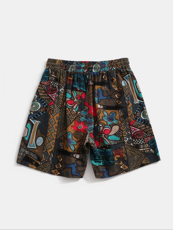 Men's Ethnic Pattern Drawstring Waist Shorts, Regular Fit Casual Pocket Shorts for Summer, Men's Bottoms for Daily Wear