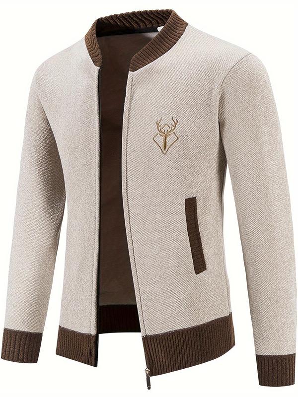 Men's Regular Fit Deer & Geometric Embroidery Zip Up Cardigan, Casual Long Sleeve Mock Neck Cardigan for Fall & Winter, Men's Knit Clothing for Daily Wear