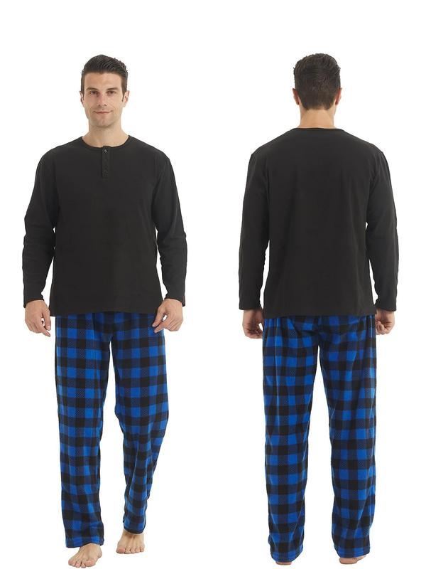 Two-Piece Set Men's Plain Button Front Top & Plaid Print Pants Pyjama Set, Regular Fit Casual Comfy Long Sleeve Top & Drawstring Pocket Trousers Pj Set, Men's Sleepwear for Spring & Fall