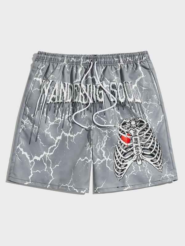 Graphic Print Colorblock Drawstring Waist Active Pocket Shorts