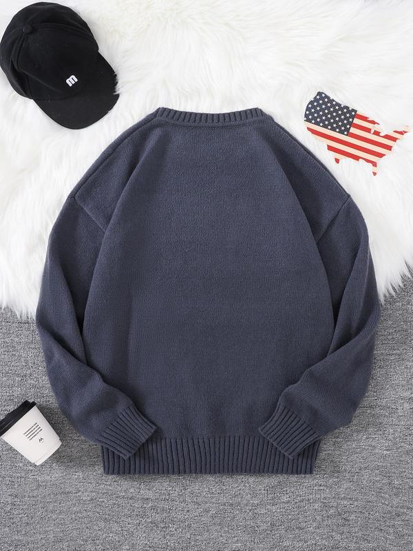 Men's Regular Fit American Flag Graphic Drop Shoulder Sweater, Casual Long Sleeve Round Neck Jumper for Spring & Fall, Fashion Men's Streetwear Knitwear for Daily Wear