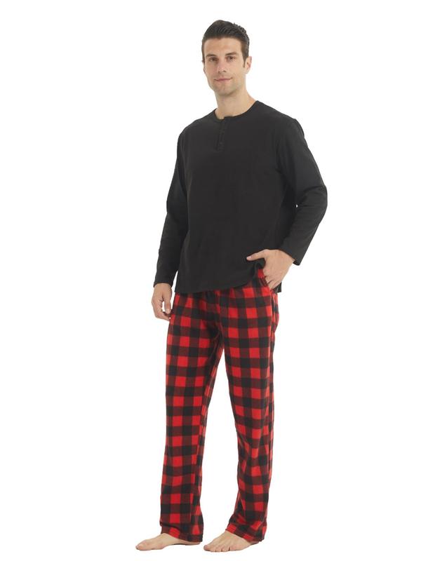 Two-Piece Set Men's Plain Button Front Top & Plaid Print Pants Pyjama Set, Regular Fit Casual Comfy Long Sleeve Top & Drawstring Pocket Trousers Pj Set, Men's Sleepwear for Spring & Fall