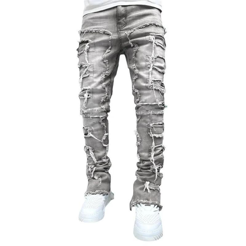 High Street White Men's Stacked Jeans Stretched Patchwork Tassel Damaged Denim Full Length Pants Hip-pop Trousers For Male