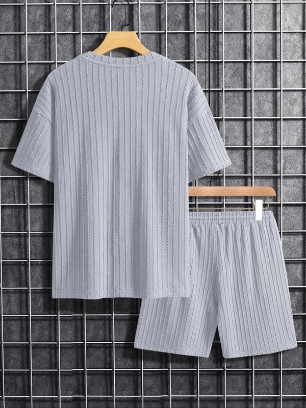 Two-Piece Set Men's Solid Textured Drop Shoulder Short Sleeve Tee & Drawstring Waist Shorts Set, Spring & Summer Clothes, Back To School Loose Casual Fashion Crew Neck T-shirt & Pocket Shorts for Daily Outdoor Wear, Men Outfits, Fall Outfits