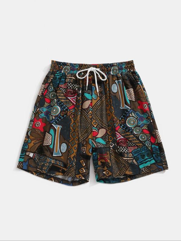 Men's Ethnic Pattern Drawstring Waist Shorts, Regular Fit Casual Pocket Shorts for Summer, Men's Bottoms for Daily Wear