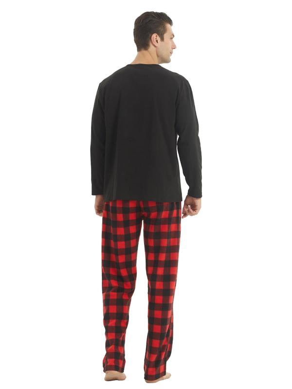 Two-Piece Set Men's Plain Button Front Top & Plaid Print Pants Pyjama Set, Regular Fit Casual Comfy Long Sleeve Top & Drawstring Pocket Trousers Pj Set, Men's Sleepwear for Spring & Fall