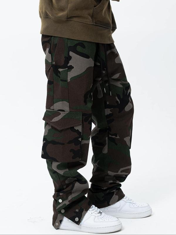 Men's Camo Print Drawstring Waist Split Hem Cargo Pants, Loose Street Fashion Flap Pocket Trousers, Mens Pants, Men's Summer Bottoms for Daily Wear