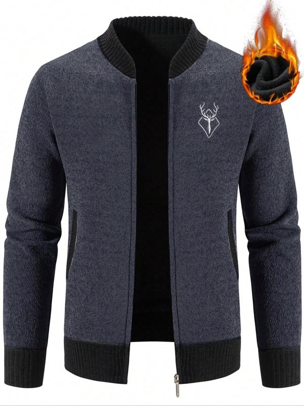 Men's Regular Fit Deer & Geometric Embroidery Zip Up Cardigan, Casual Long Sleeve Mock Neck Cardigan for Fall & Winter, Men's Knit Clothing for Daily Wear