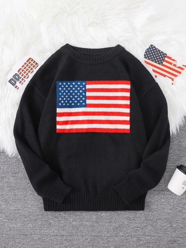 Men's Regular Fit American Flag Graphic Drop Shoulder Sweater, Casual Long Sleeve Round Neck Jumper for Spring & Fall, Fashion Men's Streetwear Knitwear for Daily Wear