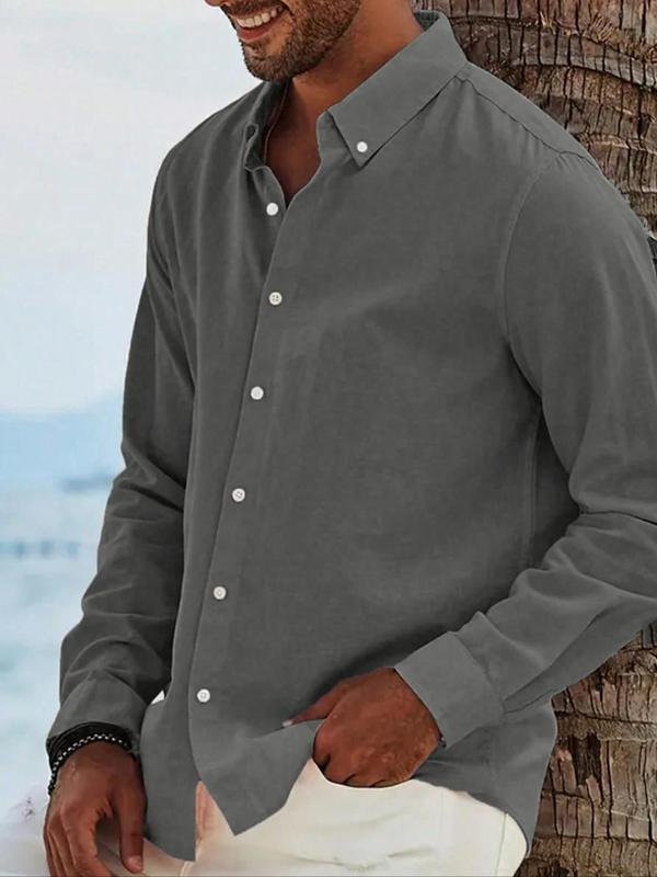 Men's Plain Button Front Collar Shirt Without Necklace, Casual Comfy Long Sleeve Top For Men Daily Outdoor Wear, Men Tops For All Seasons