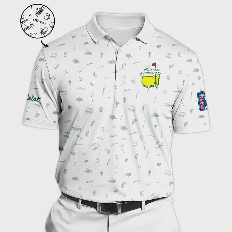 Iconic Augusta Masters Titleist Polo Shirt for Men - White & Green Sports Polo with Golf Sport Masters Tournament Pattern