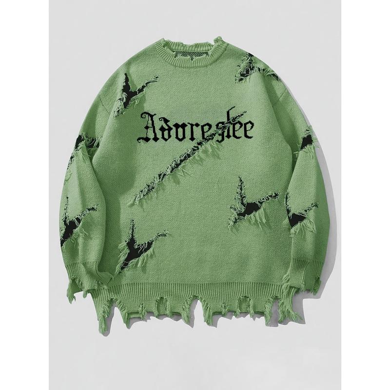 A Men's Leisure Ripped Sweater with Embroidered Letter Pattern, round Neck, Long Sleeves, Knitted Fabric, Medium Elasticity, Polyester Lining, Autumn and Winter Series