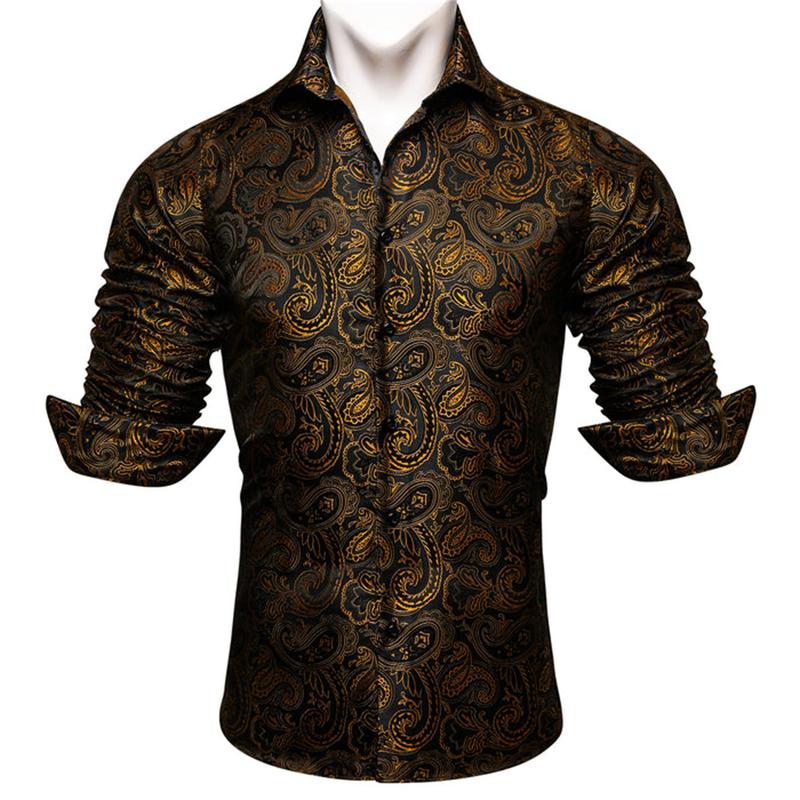 Self-Design Men's Paisley Floral Black Gold Color Long Sleeve Dress Shirt Luxury Formal Casual Printed Button Down Shirts Business Tops For Men