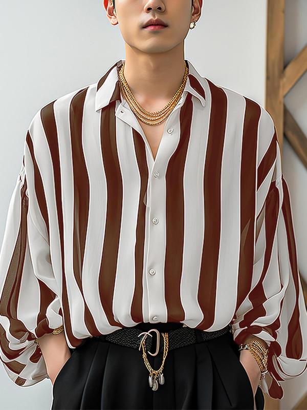 Men's Striped Print Button Front Shirt, Casual Loose Bishop Sleeve Collared Top for Summer, Fashion Men's Clothes for Daily Wear