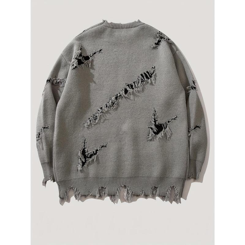 A Men's Leisure Ripped Sweater with Embroidered Letter Pattern, round Neck, Long Sleeves, Knitted Fabric, Medium Elasticity, Polyester Lining, Autumn and Winter Series