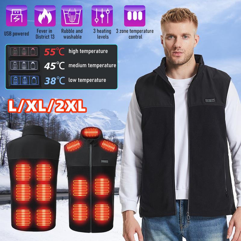 Men's Fleece Heated Vest, Size Adjustable, 13 Heating Zones, Winter Body Warmth, For Hunting, Black