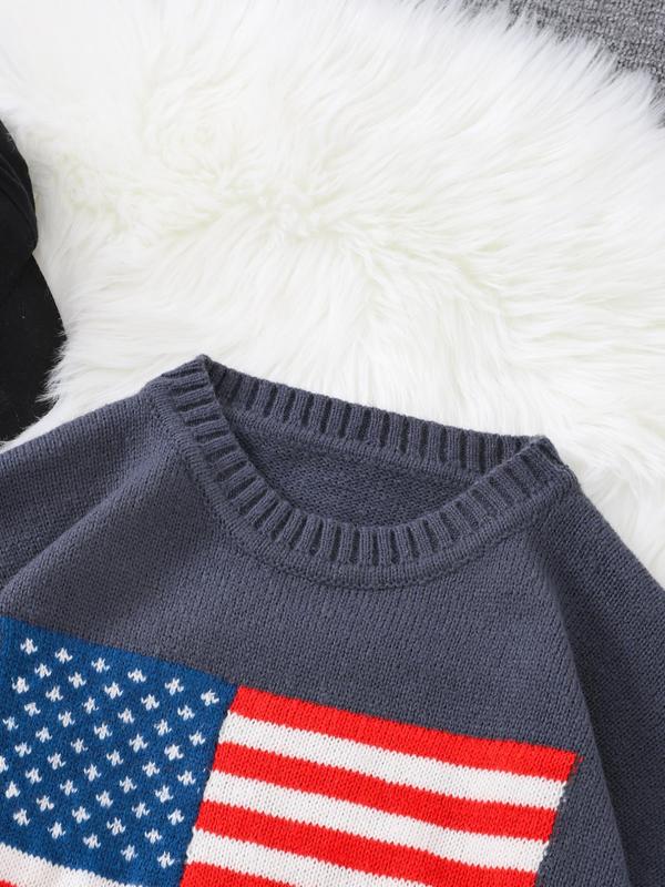 Men's Regular Fit American Flag Graphic Drop Shoulder Sweater, Casual Long Sleeve Round Neck Jumper for Spring & Fall, Fashion Men's Streetwear Knitwear for Daily Wear