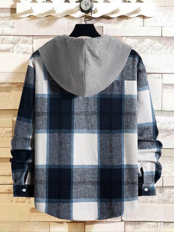 Men's Plaid Print Button Front Hooded Jacket, Regular Fit Casual Comfy Long Sleeve Flannel Jacket for Winter, Men's Clothes for Daily Wear