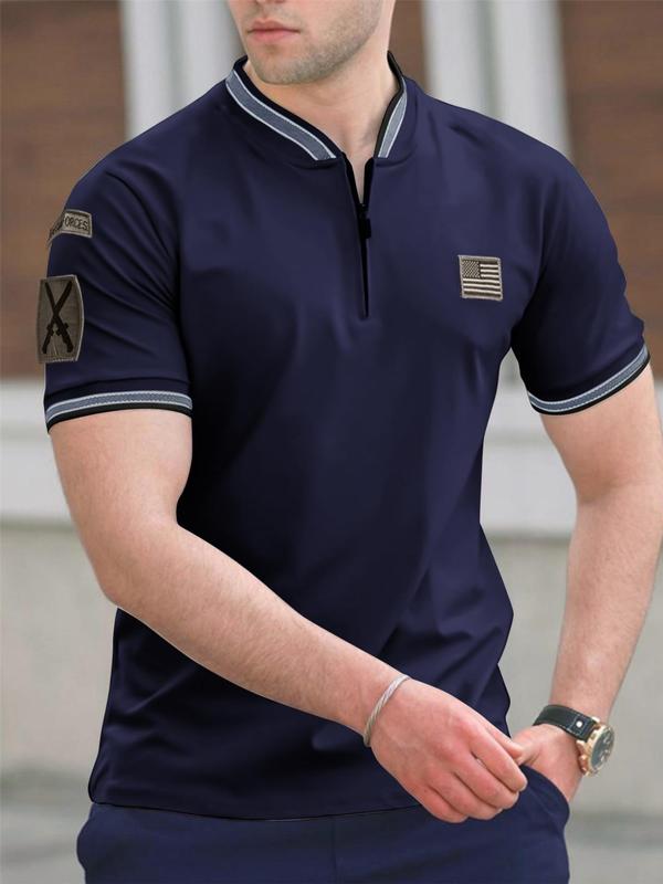 Men's Regular Fit Contrast Binding Patched Zipper Polo Shirt, Casual Short Sleeve Half Zip Top for Summer, Fashion Men's Clothes for Daily Wear