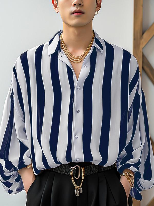 Men's Striped Print Button Front Shirt, Casual Loose Bishop Sleeve Collared Top for Summer, Fashion Men's Clothes for Daily Wear