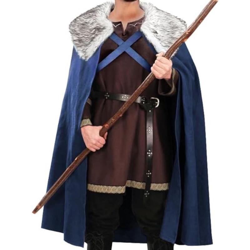 Medieval Hobbit Cloak Costume, Adjustable Length, with Artificial Fur Trim, Renaissance Craftsman Halloween Hooded Cloak, with Witch Pocket Cap,