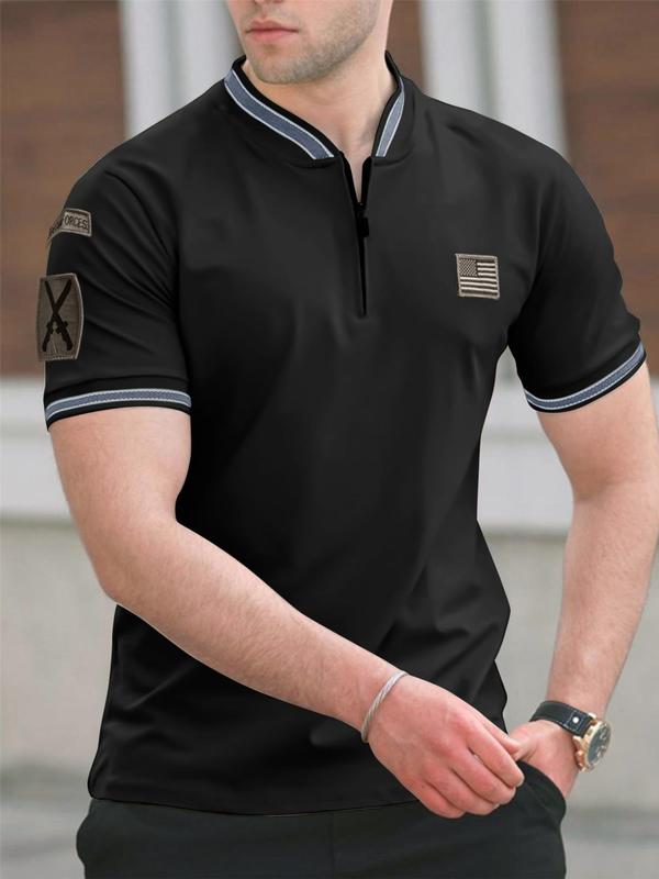 Men's Regular Fit Contrast Binding Patched Zipper Polo Shirt, Casual Short Sleeve Half Zip Top for Summer, Fashion Men's Clothes for Daily Wear