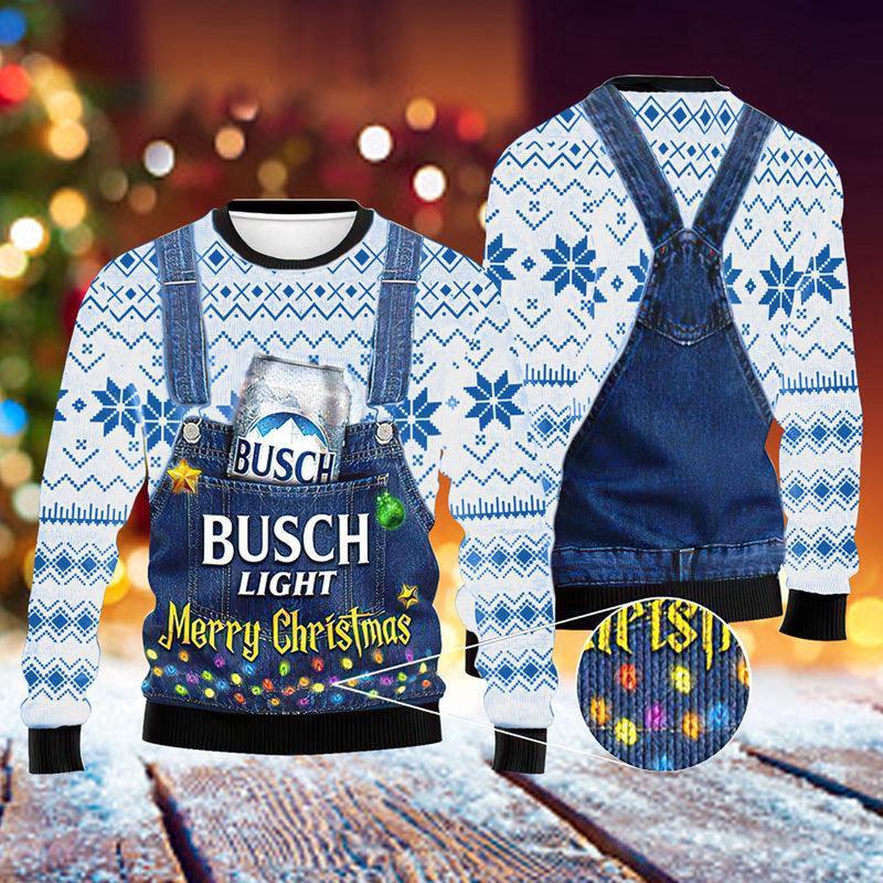 Buschhh Light Dungaree Overalls White Ugly Sweater Pullover Shirt Christmas Gift for Beer Fans