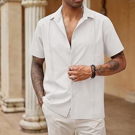 Coofandy men's button up shirt, loose pleated short sleeved casual shirt, Cuban style personalized shirt, summer daily slim fit comfortable stand up collar vacation casual shirt, classic linen soft top breathable daily form Menswear al shirt for men