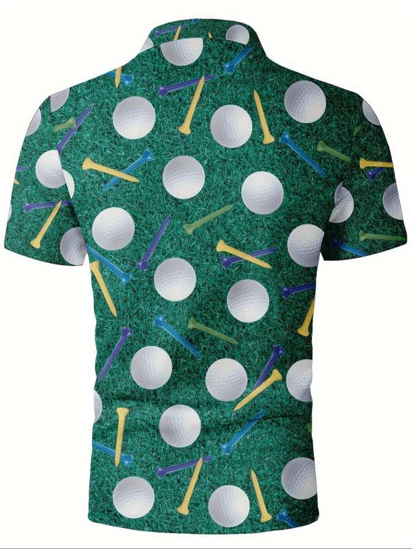 Men's All Over Golf Print Short Sleeve Polo Shirt, Regular Fit Casual Fashion Half Button Collared Top for Summer, Men's Clothes for Daily Wear